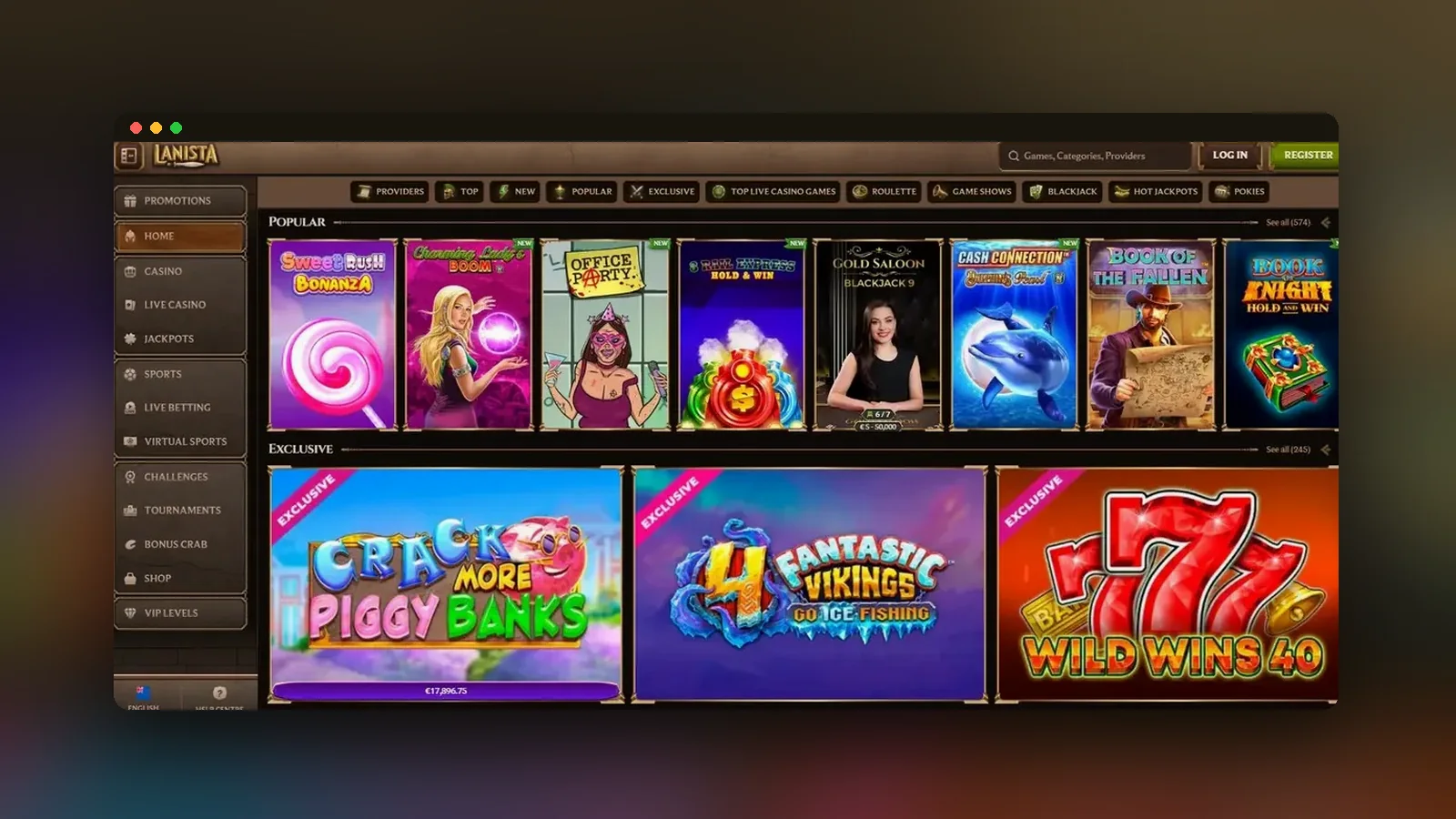 La lobby di Lanista con slot, live e sezione sport